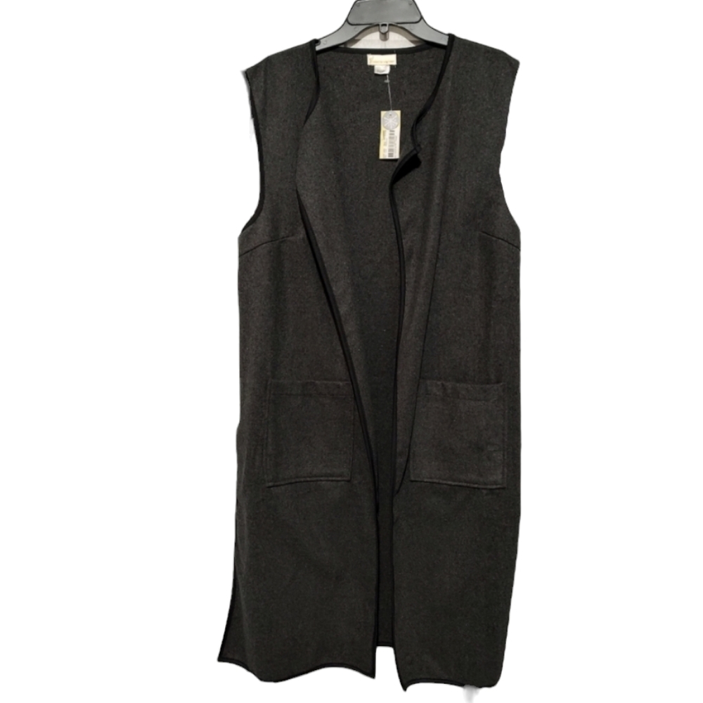 New Gray with Black Trim Long Vest w/ Large Pockets sz Large - XL